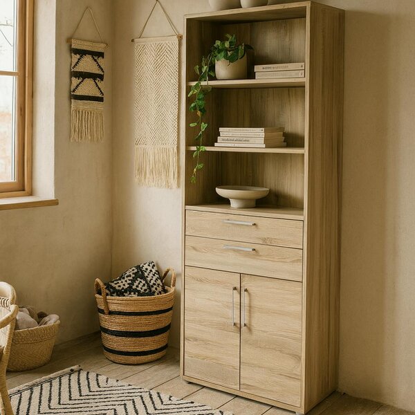 Wyld Haus Dris Natural Oak Wood Effect Bookcase 3 Shelves 4 Drawers