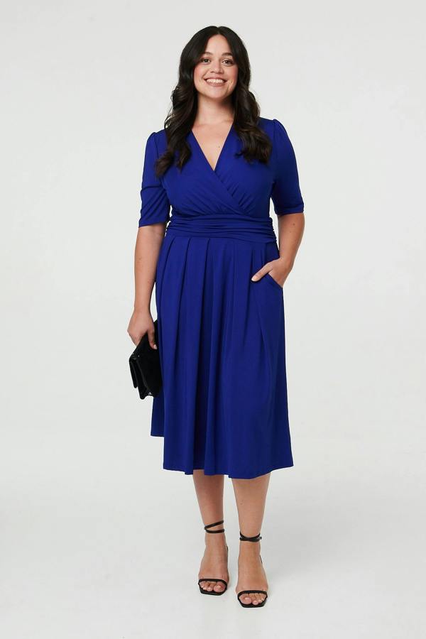 Blue | Curve Ruched Waist Faux Wrap Midi Dress