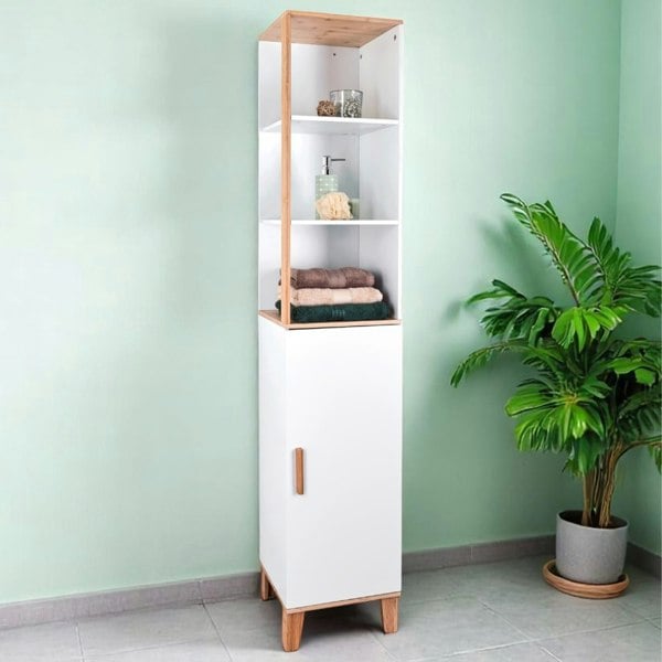 Showerdrape Catania Matt White & Bamboo Tall Bathroom Cabinet with Display Shelves