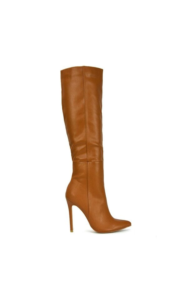 XY LONDON Pointed Toe Zip Up Knee High Stiletto Heel Long Boots - Chocolate