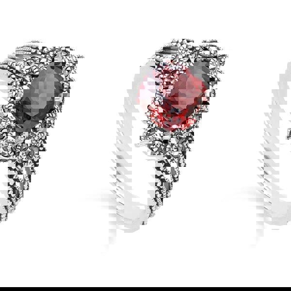 Gemondo Art Deco Style Cushion Garnet & Marcasite Ring in Sterling Silver