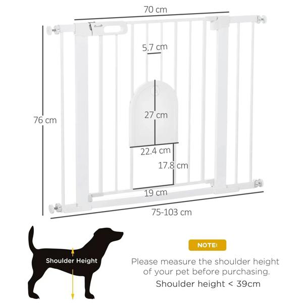 White pet safety gate size diagram with arched cat door and measure labels