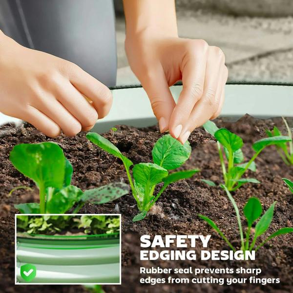 Hands placing seedlings into green ribbed metal planter with safety edging