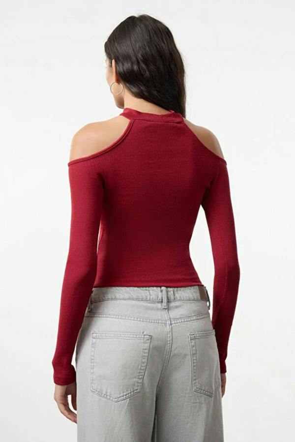 WOVCOR Choker Detailed Fitted Crop Ribbed Knit Blouse
