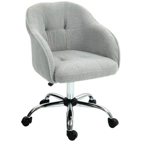 Grey teddy fleece swivel office chair, padded armrests, chrome base, rolling casters