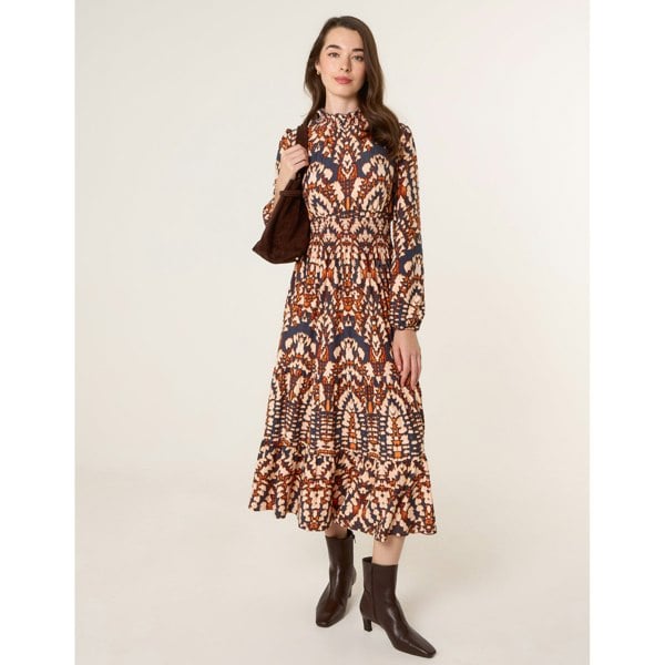 Blue Vanilla Frilled Shirred High Neck Shirred Waist Dress