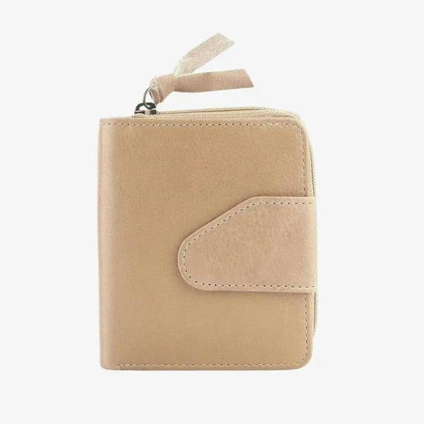 Front view of sand wallet with a flap and zipper on a white background