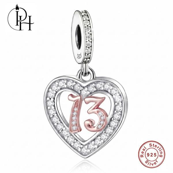 Parus Home 13th Birthday Charm Pandora Compatible 925 Sterling Silver Heart Dangle, Daughter Gift for Bracelet