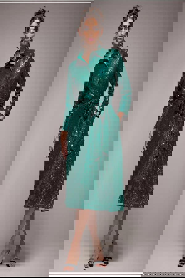 Sequin Skater Shirt Dress - Emerald Green DR4061