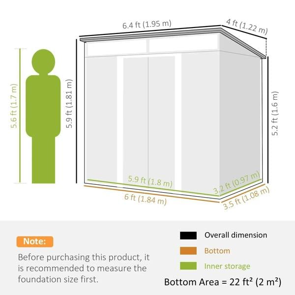 Metal shed size diagram showing overall dimensions and floor plan layout