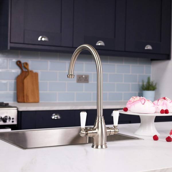 Flode Halden | Dual Lever Kitchen Sink Mixer Tap with Swivel Spout | Pewter Finish