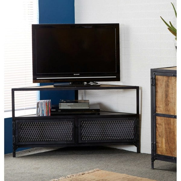 IH Design Durin Vintage Up cycled Industrial Wood Corner TV Unit