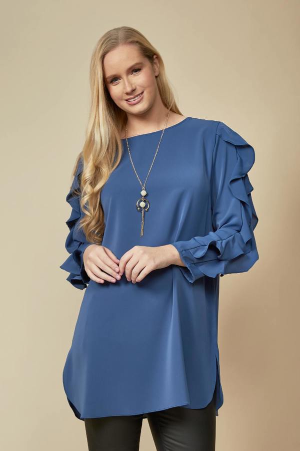Hoxton Gal Oversized Ruffle Sleeve Relaxed Fit Tunic in Blue
