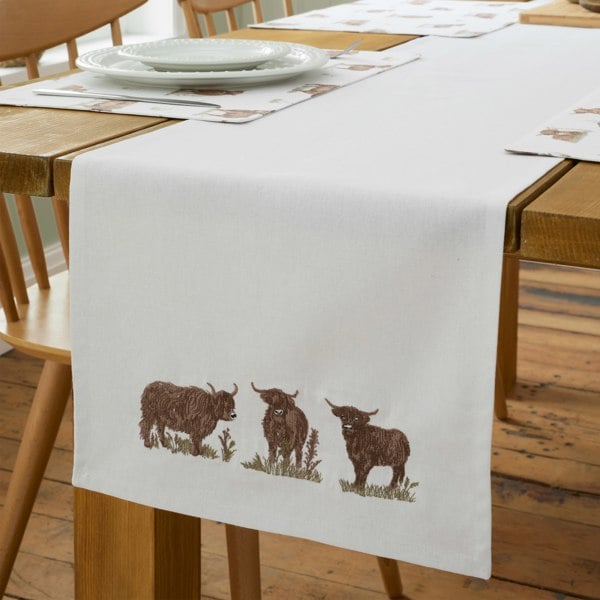 Catherine Lansfield Angus Highland Cow Cotton Dining Table Runner Natural