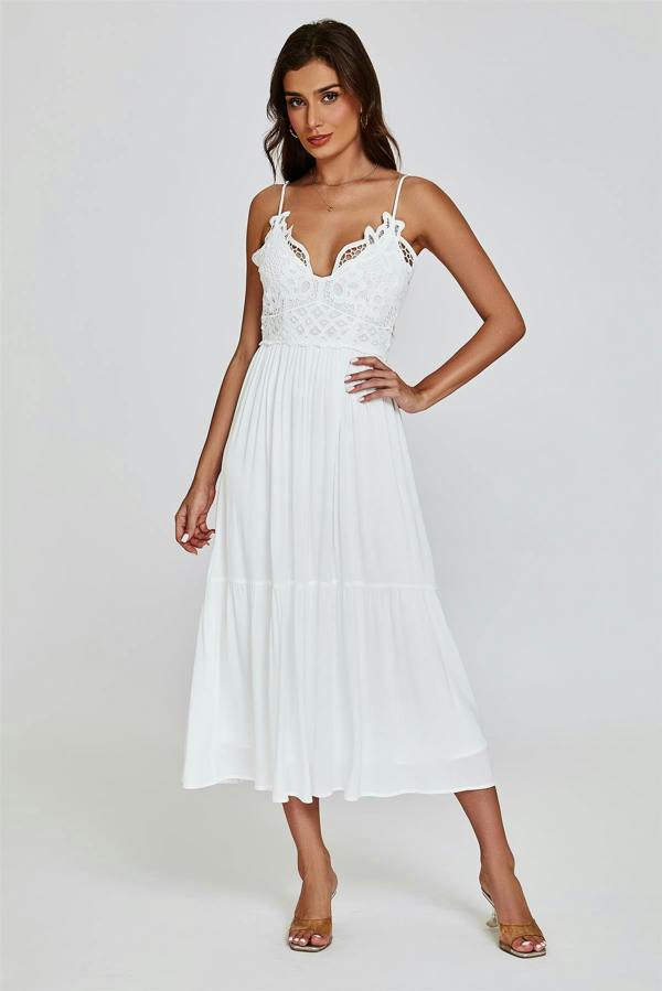FS Collection Lace Top Maxi Dress In White