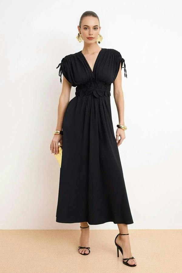WOVCOR Floral Applique Detail V-Neck Gathered Maxi Woven Dress