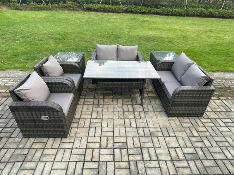 Fimous Rattan Outdoor Furniture Garden Dining Set Rectangular Table and Chair Sofa Set With 2 PC Side Tables Dark Grey Mixed