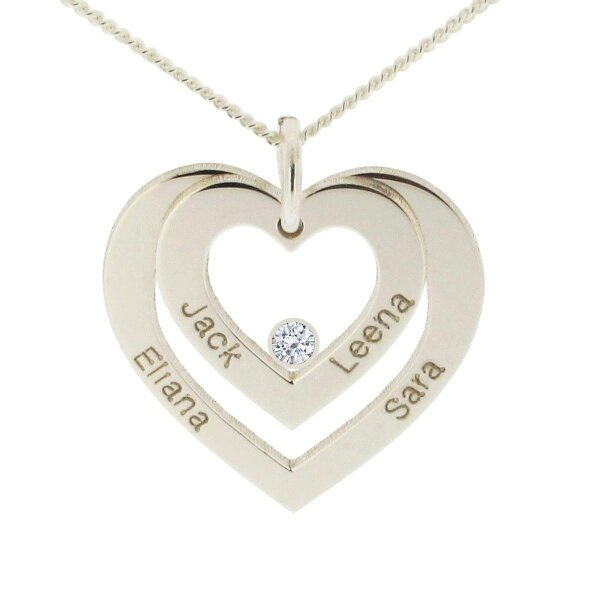 Christopher James of London 9ct White Gold Double Heart Personalised Necklace With Diamond