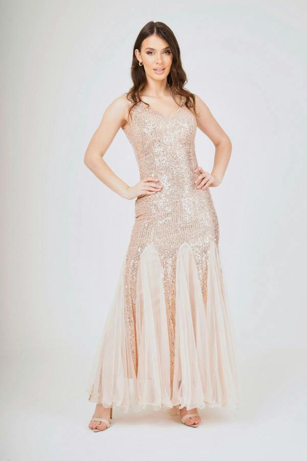 LuvForever Sequin Mesh Insert Maxi Dress