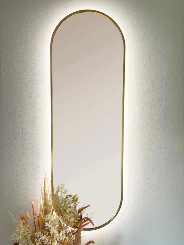 Downton Interiors LED Backlit Gold Modern Tall Metal Frame Oval Wall Mirror - 120cm