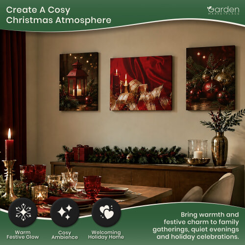 Christmas Ribbon & Candles LED Canvas Picture Print, Wooden Frame Wall Art with Switch, 40cm x 30cm, Battery Powered