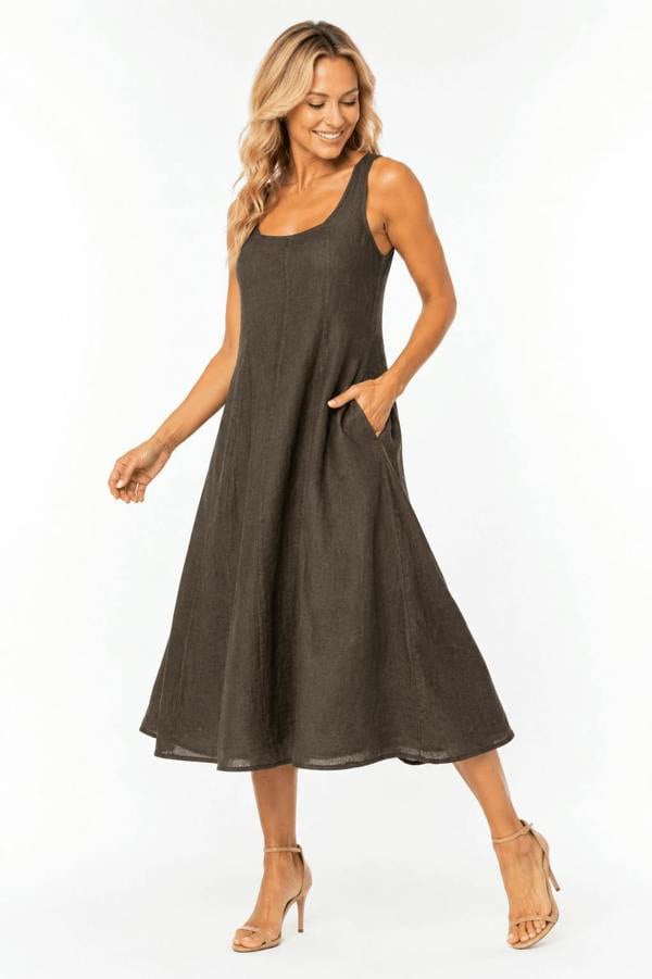 Claudio Lugli Sleeveless Scoop-Neck Linen Midi Dress with Pockets - Brown