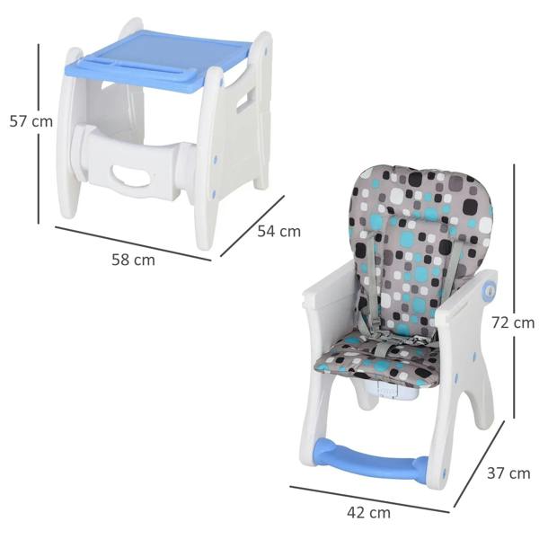 Blue convertible baby high chair with detachable table tray and cushioned seat