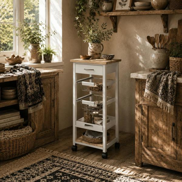 Wyld Haus Dini Wooden White Mobile Kitchen Trolley With Baskets Shelves And Wheels
