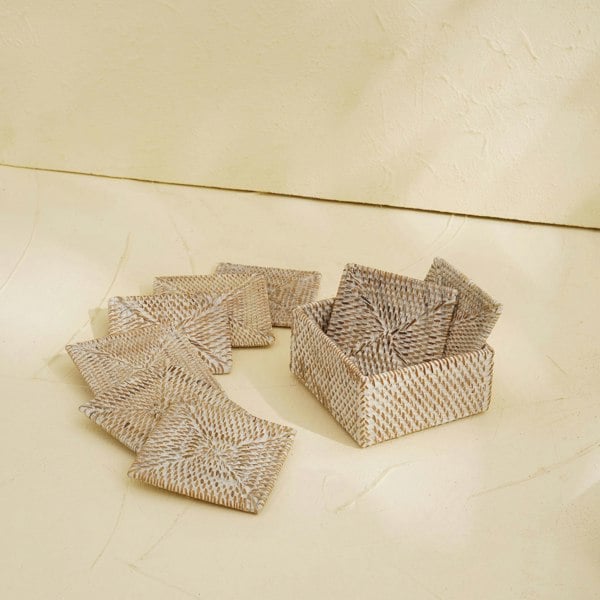 Square Rattan Coaster Set with Holder - Coastal Villa Homeware