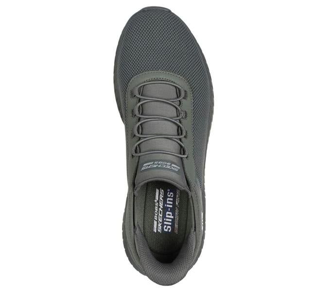 Skechers Bobs Squad Chaos Tough Walk Mens Slip-Ins Casual Trainers, top view of a grey athletic sneaker with mesh upper and elastic laces.