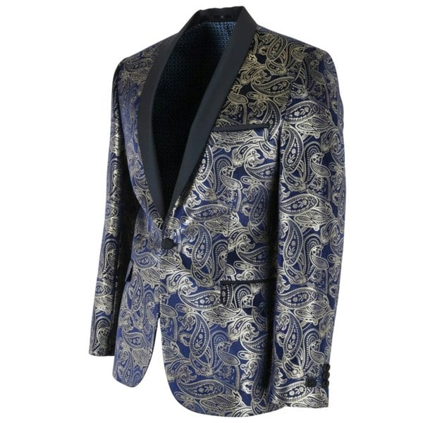 TruClothing STZ63 - Mens Velvet Paisley Floral Blue Gold Tuxedo Blazer