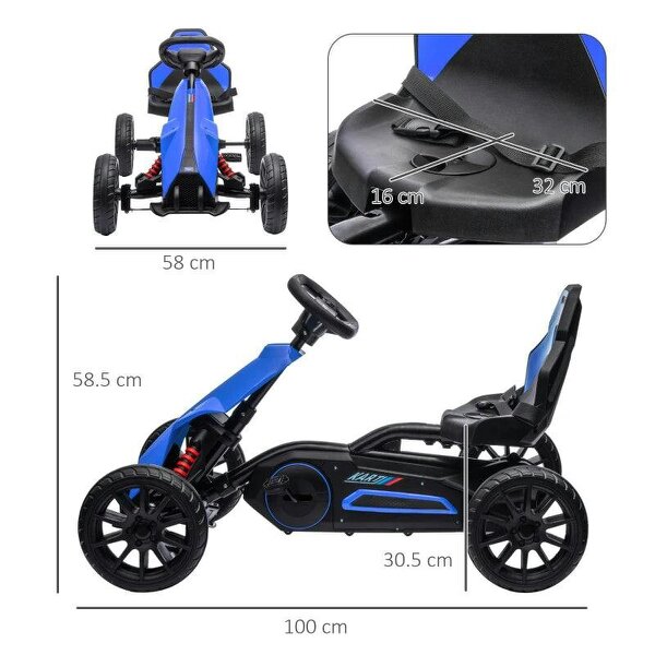 Kids Pedal Go Kart, with Adjustable Seat, EVA Wheels, Seat, Handbrake - Blue