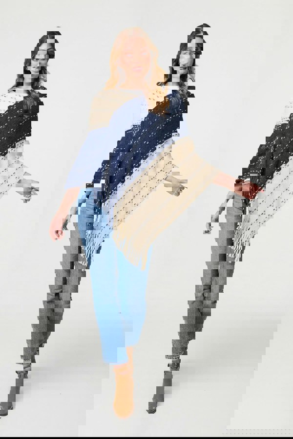 Blue | Striped Tassel Trim Oversized Poncho
