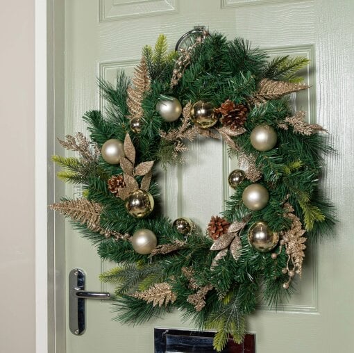 Samuel Alexander 60cm Hanging Christmas Wreath with Gold Baubles, Pinecones & Glitter Berries
