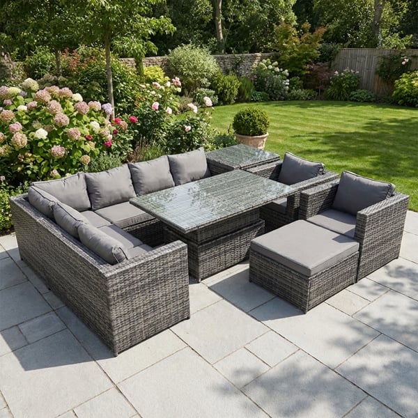 Fimous 9 Seater Rattan Garden Furniture Set with Height Adjustable Rising Dining Table, Corner Sofa, Stool & Side Table - Dark Grey Mixed