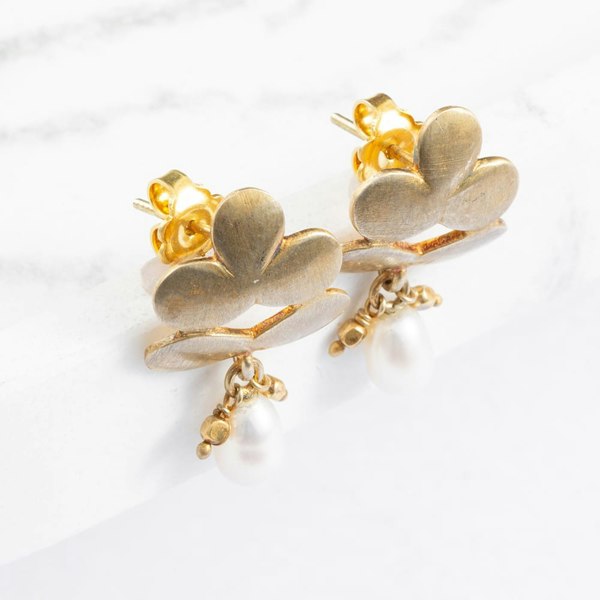 T. H. Baker Gold Plated Pearl Flower Dropper Earrings EFIGPW