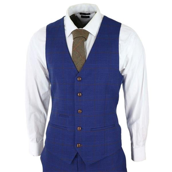 Paul Andrew Mens Blue Brown Check 3 Piece Tailored Fit Suit
