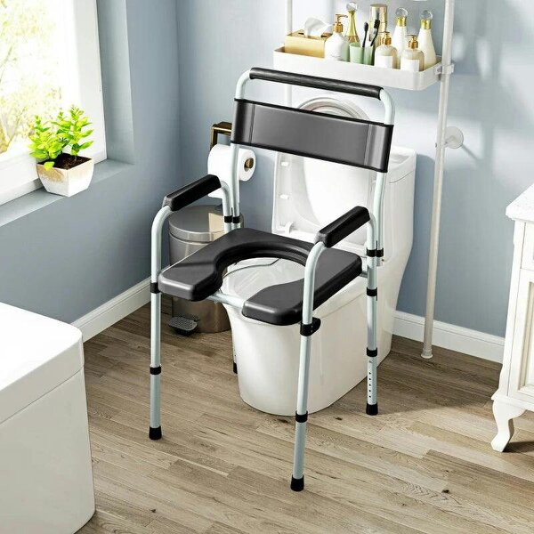 Commode Chair for Elderly with Arms and Back, Lightweight Non-Slip Commode w/ Removable Bucket, Height Adjustable, Black