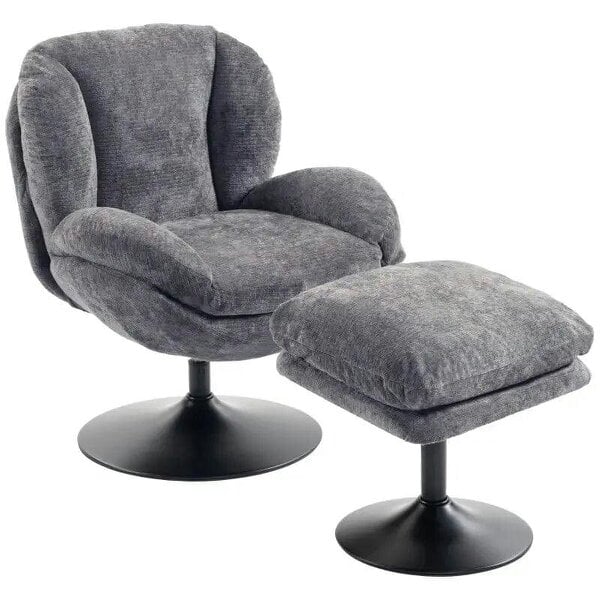 Modern Chenille Lazy Chair with Ottoman, 360° Swivel, Upholstered Reading Seat Set for Living Room, Dark Grey