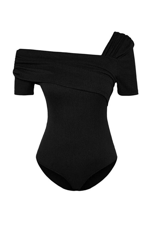 WOVCOR Asymmetrical Collar Fitted Snap Button Knitted Bodysuit