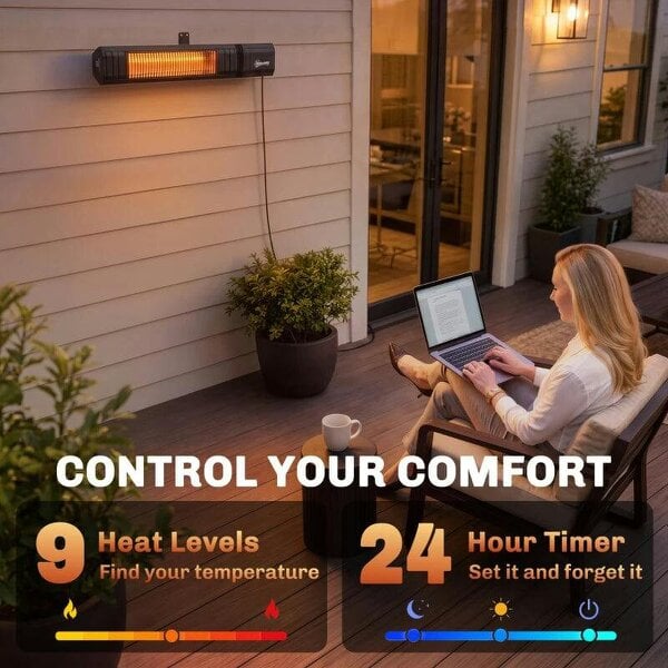 Bobobiy 2000 W Electric Infrared Patio Heater, IP65 Outdoor Garden Heater with APP/Touch/Remote Control, 9 Heat Settings, Black