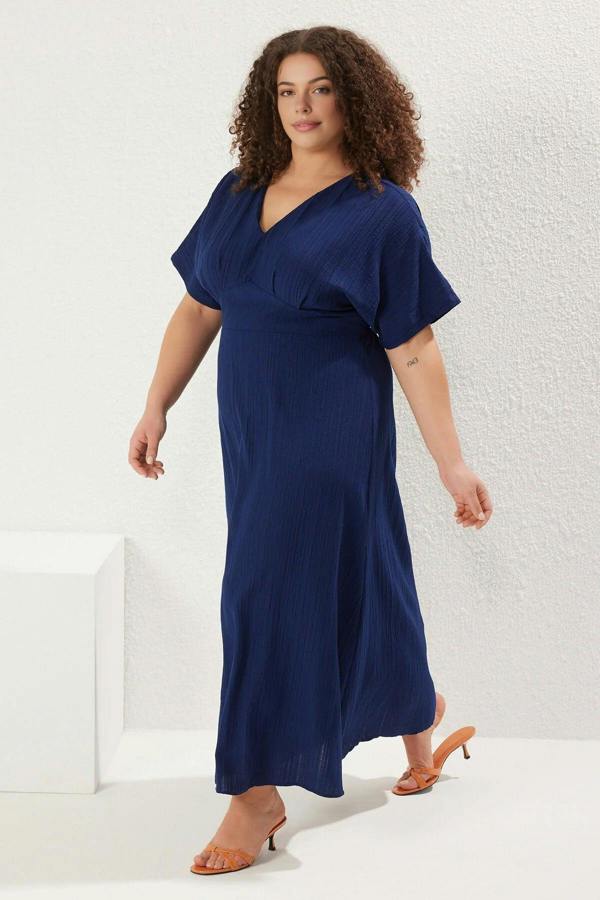 WOVCOR V-Neck Short Sleeve Textured Fabric Woven Maxi Plus Size Dress
