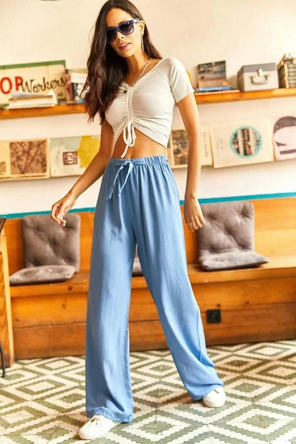 Hoxton Gal Basic Belted Woven Viscose Palazzo Pants