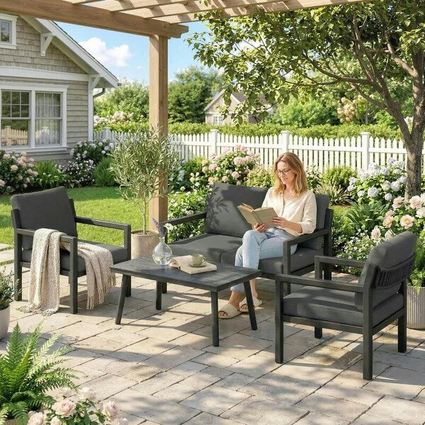 4 Seater Rattan Garden Furniture Set with 2 Armchairs, Loveseat, Coffee Table, Garden Sofa Set with Cushions, Dark Grey