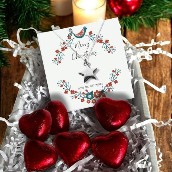 Aye Do Gifts Christmas Star Necklace Gift Box, Silver Star Jewellery & Chocolates
