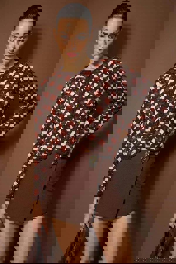 WOVCOR Argyle Patterned Crew Neck Crop Knit Cardigan