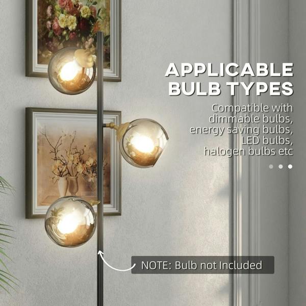 Grey floor lamp with three globe glass shades, compatible bulb types shown