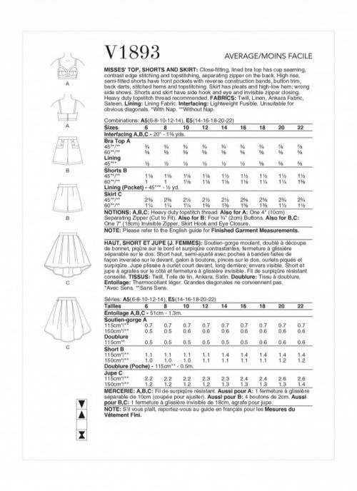 Vogue Sewing Pattern 1893, Tops, Shorts, Skirts for Women, A5 (6-8-10-12-14) - Intermediate