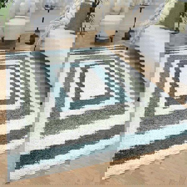 Moodi Shaggy Green Rug, Bordered design, underfloor heating | THE RUGS