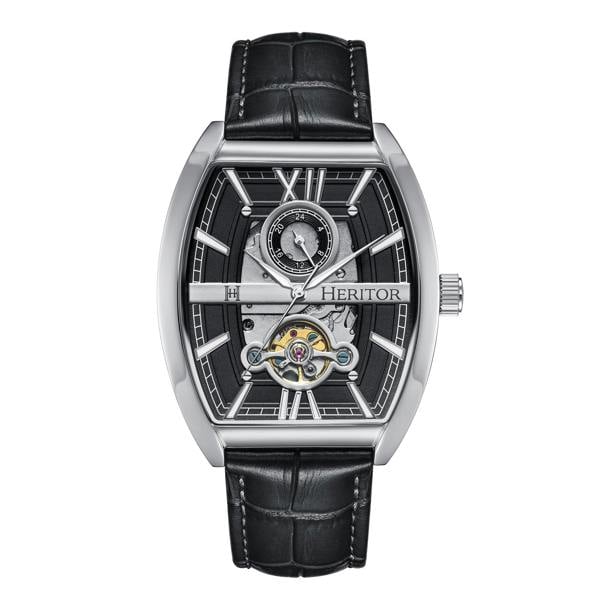 Heritor Automatic Masterson Semi-Skeleton Leather-Band Watch - Silver/Black - HERHS3501